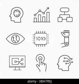 Clean outline icons of artificial intelligence, robotics, automation and digital interfaces, ideal for tech, UI and innovation themed designs, vector Stock Vector