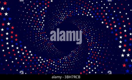 A patriotic starburst design featuring red, white, and blue stars arranged in a swirling circular pattern on a dark background. Stock Vector