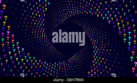 A dark blue background with a swirling vortex of colorful question marks radiating from a central dark blue area.  Stock Vector