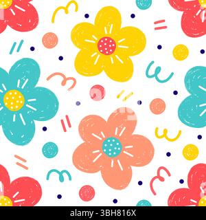 A playful and vibrant seamless pattern with hand drawn style flowers, polka dots and scribbles Stock Vector