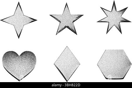 Grainy textured black and white heart stars and geometric shape Stock Vector