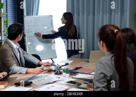 Asian adult woman presents real estate business strategy on a whiteboard during a meeting. Team brainstorms ideas related to property, investment, mar Stock Photo