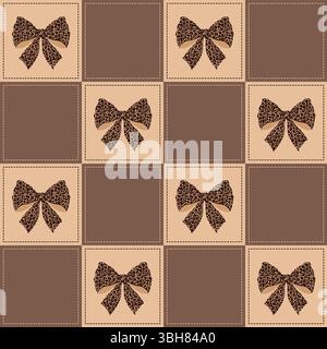 Pattern of leopard print bows on alternating light and dark brown stitched squares. Stock Vector