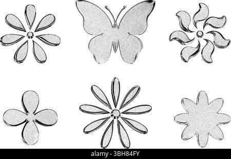 Grainy textured black and white elements flowers and butterfly  Stock Vector