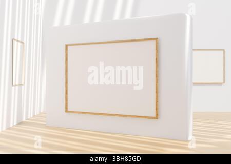 A bright, minimalistic gallery space featuring a large blank canvas on a white wall. 3d rendering Stock Photo