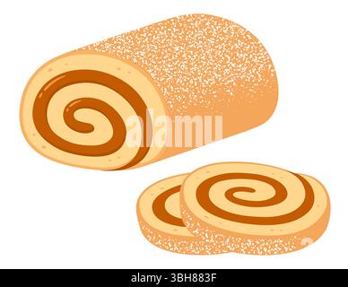 Brazo de reina or brazo gitano, traditional sweet pastry. Swiss roll cake filled with manjar (dulce de leche). Cartoon drawing, vector clip art illust Stock Vector