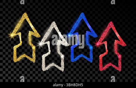Set of four doodle hand drawn arrows with gold, silver, blue and red glitter effect on dark transparent background. Vector illustration Stock Vector