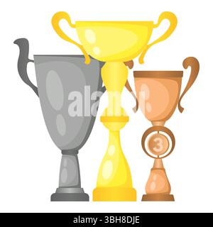 Set of vector trophy champion cups in gold, silver and bronze. Championship prizes for first, second and third place. Victory symbols isolated on whit Stock Vector