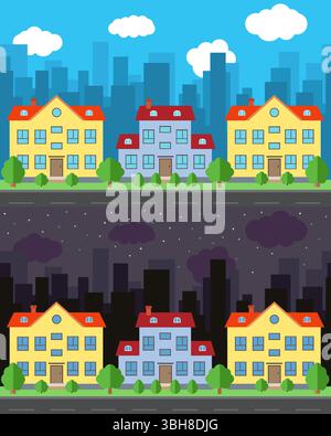 Vector city with three two-story cartoon houses in the day and night. Summer urban landscape. Street view with cityscape on a background Stock Vector