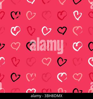 Seamless pattern with hand drawn hearts. Doodle grunge multicolor hearts on pink background. Vector illustration. Stock Vector