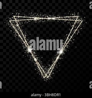 Silver double triangle frame. Modern shiny frame with light effects isolated on dark transparent background. Vector illustration. Stock Vector