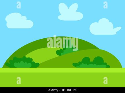 Natural cartoon landscape in the flat style with green hills, blue sky  and clouds at sunny day. Vector illustration Stock Vector