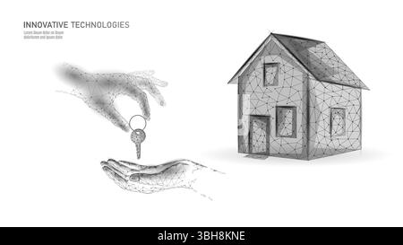 House key transfer concept. Low poly home ownership property buying. Real estate investment mortgage rental sales. Polygonal digital background vector Stock Vector