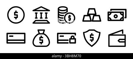 An essential set of icons for payment and finance. Covers money, coins, payment cards, security, banking, investment concepts, and digital wallets. Stock Vector