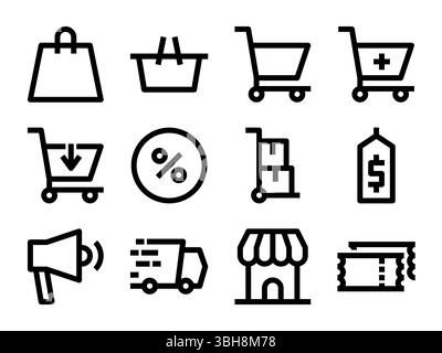 A comprehensive set of essential icons for shopping and retail. Covers shopping bags, baskets, carts, price tags, and promotional elements for e-comme Stock Vector