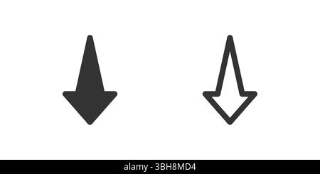 Straight down arrow icon set. Suitable for scrolling, downloads, and collapsing elements. Symbol of scroll, download, and expand/collapse. Stock Vector