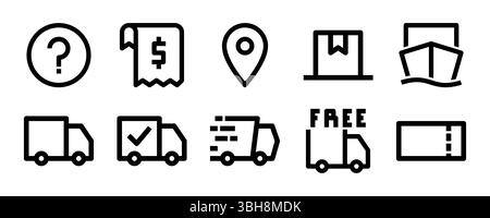 A comprehensive set of icons for shipping and delivery. Covers packages, various shipping methods, location tracking, invoices, tickets, and support f Stock Vector