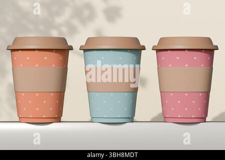 Three pastelcolored disposable coffee cups with lids are arranged side by side on a flat surface. 3d rendering Stock Photo