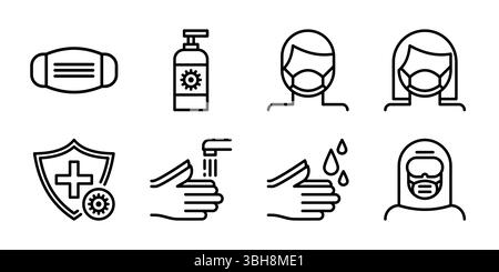 Protection and Hygiene Icon Set. Ideal for public health campaigns, safety guidelines, and wellness apps covering masks, sanitizing, hand washing, and Stock Vector