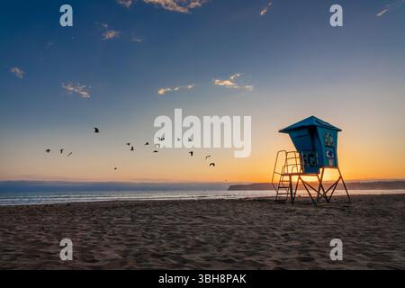 Lifeguard tower and seagulls on Coronado beach at sunset in San Diego, California Stock Photo