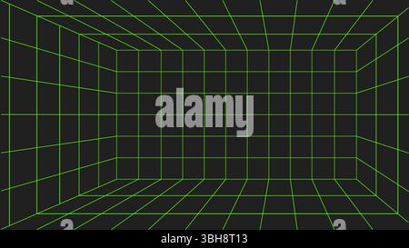 A green net on a black background. A 3d cube checked grid. A green neon lines checked 3d box. Technological futuristic neon light background. Stock Vector