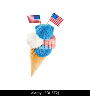 4th of July Holiday Independence background. Mans hand holds colorful ice cream cone with red, white and blue scoops patriotic colors isolated on whit Stock Photo