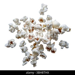 Scattered popcorn close up isolated on white background. Stock Photo