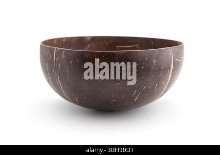 Empty natural craft coconut bowl isolated on white. Stock Photo