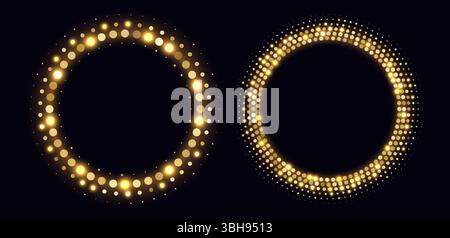 Golden halftone frames, glowing circle borders, round pattern with dots, radial disco luxury design element. Stock Vector