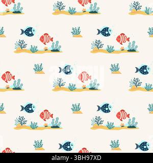 Seamless Pattern. Two Cute Cartoon Tropical Fish on white background with seaweed, algae, coral and sea bottom. Vector Illustration. Kids collection Stock Vector