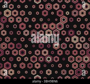 Seamless hexagon pattern. Multicolored geometric elements of varied sizes. Stacked hexagon bold mosaic cell. Hexagon pattern. Tileable design. Stock Vector