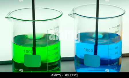 Chemical biological medical lab. In flasks mixed multicolored solutions. Pharmaceutical concept, background Stock Photo