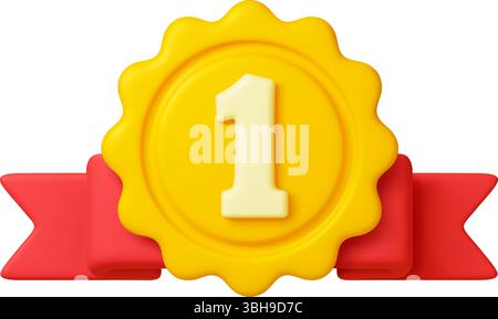 Gold insignia with red ribbon. Shiny 1st place award round gold medal ...