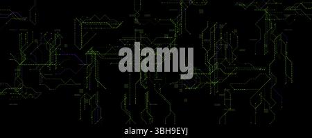 Neon Circuit Network With Green And Purple Lines. Futuristic digital background for cybersecurity, hacking, and AI themes. Glowing grid with abstract Stock Vector