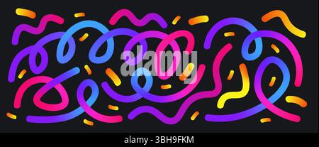 Colorful neon gradient loop and squiggle lines set. Wavy abstract long shapes collection. Decorative vector swirls background pattern. Carnival gradat Stock Vector