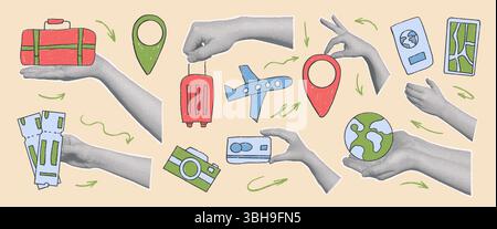 Travel collage with hands and elements crayon drawn set. Suitcase, location map, passport hand drawn grunge textured doodle isolated. Bags, airplane, Stock Vector