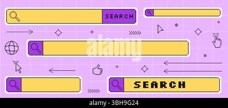 Search bar pixel art set. 8bit web browser sticker elements collection. Retro y2k internet engine shapes. Click cursor, hands buttons and windows. Vec Stock Vector