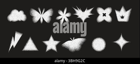 Geometric abstract figures with grain noise gradient texture. Y2k retro stippling forms set. Butterfly, heart and star flower icons on dark background Stock Vector