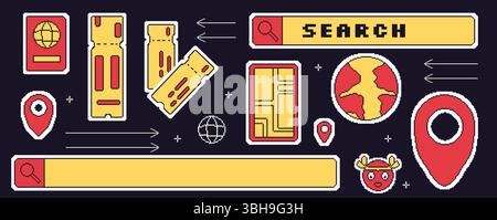 Travel elements pixel art set. 8bit web tourism sticker elements collection. Retro location pin map, globe search bar shapes. Passport, ticket, phone. Stock Vector
