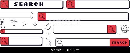 Search bar pixel art set. 8bit web browser elements collection. Retro internet find shapes. Cursor, engine, buttons and windows. Vector illustration i Stock Vector