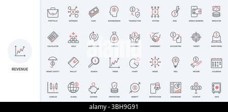 Finance and revenue, financial strategy of business for profit earnings, bank deposit line icon set. Fintech analysis, cash payment and transfer thin black and red outline symbols vector illustration Stock Vector