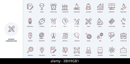 School students tools and skills, education, preparation for lesson learning line icon set. Physics and chemistry, geography in class, textbooks thin black and red outline symbols vector illustration Stock Vector