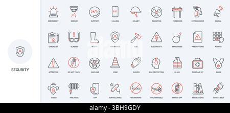 Regulation of safe labor conditions, forbidden and warning signs for attention line icon set. First aid kit, insurance list and 911 call thin black and red outline symbols vector illustration Stock Vector