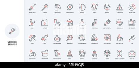 Car repair and maintenance service, diagnostics in garage and 24h gas station line icon set. Attention to breakdowns in brakes, check engine thin black and red outline symbols vector illustration Stock Vector