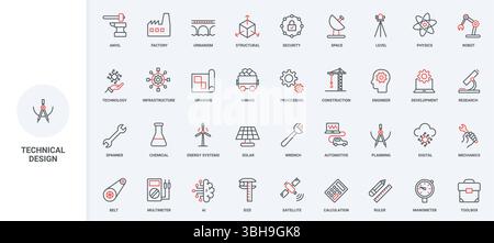 Manufacturing equipment and gears, civil engineering, engineer thinking for technical design line icon set. Architects blueprint, tools, machinery thin black and red outline symbol vector illustration Stock Vector