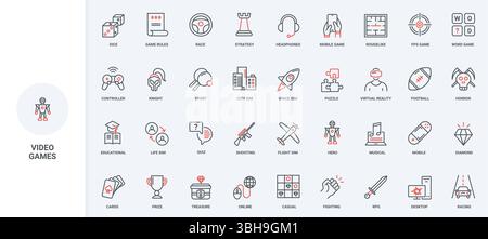 Video and online games for computer, mobile app on phone line icon set. Educational quiz and puzzles, gaming rules and strategy, games genres thin black and red outline symbols vector illustration Stock Vector