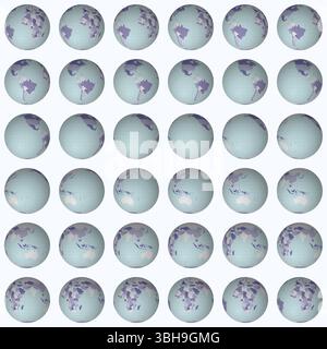 Collection of globes. Normal sphere view. Rotation step 10 degrees. Colored countries style. Stock Vector