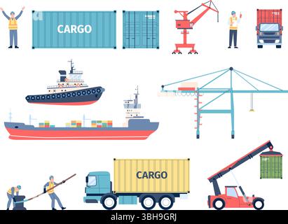 Seaport flat elements. Cargo terminal equipment, transport and workers. Containers, trucks, ships and construction crane. Flat recent vector set Stock Vector