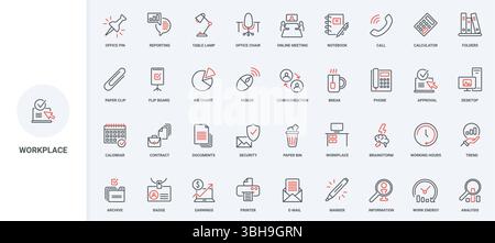 Office workers workplace, equipment for work with documents, information line icon set. Brainstorm workflow, communication of employees, contract thin black and red outline symbols vector illustration Stock Vector