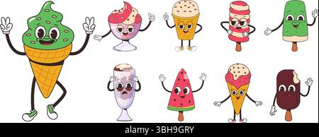 Ice cream retro characters. Groovy style funny food, positive creamy mascots in different poses. Creative popsicles, eskimo, waffle cones, nowaday Stock Vector